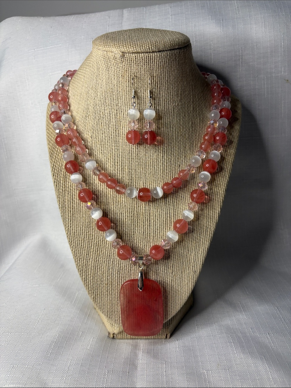 Handcrafted Cherry Quartz and Selenite 3Piece      Necklace and Earring Set